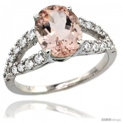 14k White Gold Natural Morganite Ring 10x8 mm Oval Shape Diamond Accent, 3/8inch wide