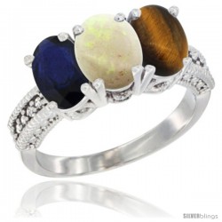 14K White Gold Natural Blue Sapphire, Opal & Tiger Eye Ring 3-Stone 7x5 mm Oval Diamond Accent