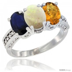 14K White Gold Natural Blue Sapphire, Opal & Whisky Quartz Ring 3-Stone 7x5 mm Oval Diamond Accent