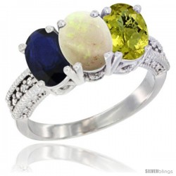 14K White Gold Natural Blue Sapphire, Opal & Lemon Quartz Ring 3-Stone 7x5 mm Oval Diamond Accent