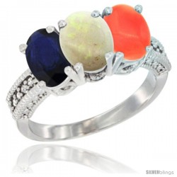 14K White Gold Natural Blue Sapphire, Opal & Coral Ring 3-Stone 7x5 mm Oval Diamond Accent