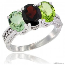 10K White Gold Natural Green Amethyst, Garnet & Peridot Ring 3-Stone Oval 7x5 mm Diamond Accent