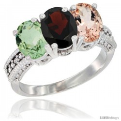 10K White Gold Natural Green Amethyst, Garnet & Morganite Ring 3-Stone Oval 7x5 mm Diamond Accent