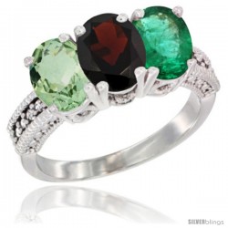 10K White Gold Natural Green Amethyst, Garnet & Emerald Ring 3-Stone Oval 7x5 mm Diamond Accent