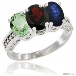 10K White Gold Natural Green Amethyst, Garnet & Blue Sapphire Ring 3-Stone Oval 7x5 mm Diamond Accent