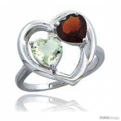 10K White Gold Heart Ring 6mm Natural Green Amethyst & Garnet Diamond Accent