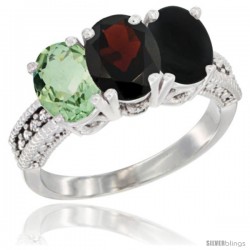 10K White Gold Natural Green Amethyst, Garnet & Black Onyx Ring 3-Stone Oval 7x5 mm Diamond Accent