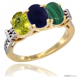 10K Yellow Gold Natural Lemon Quartz, Lapis & Malachite Ring 3-Stone Oval 7x5 mm Diamond Accent