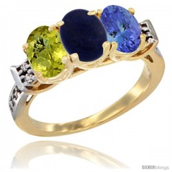 10K Yellow Gold Natural Lemon Quartz, Lapis & Tanzanite Ring 3-Stone Oval 7x5 mm Diamond Accent