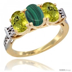 10K Yellow Gold Natural Malachite & Lemon Quartz Sides Ring 3-Stone Oval 7x5 mm Diamond Accent