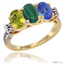 10K Yellow Gold Natural Lemon Quartz, Malachite & Tanzanite Ring 3-Stone Oval 7x5 mm Diamond Accent