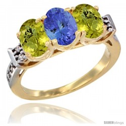 10K Yellow Gold Natural Tanzanite & Lemon Quartz Sides Ring 3-Stone Oval 7x5 mm Diamond Accent