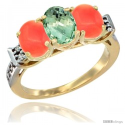 10K Yellow Gold Natural Green Amethyst & Coral Sides Ring 3-Stone Oval 7x5 mm Diamond Accent