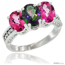 14K White Gold Natural Mystic Topaz & Pink Topaz Sides Ring 3-Stone 7x5 mm Oval Diamond Accent