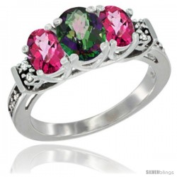 14K White Gold Natural Mystic Topaz & Pink Topaz Ring 3-Stone Oval with Diamond Accent