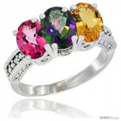 14K White Gold Natural Pink Topaz, Mystic Topaz & Citrine Ring 3-Stone 7x5 mm Oval Diamond Accent