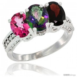 14K White Gold Natural Pink Topaz, Mystic Topaz & Garnet Ring 3-Stone 7x5 mm Oval Diamond Accent