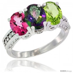 14K White Gold Natural Pink Topaz, Mystic Topaz & Peridot Ring 3-Stone 7x5 mm Oval Diamond Accent