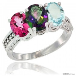 14K White Gold Natural Pink Topaz, Mystic Topaz & Aquamarine Ring 3-Stone 7x5 mm Oval Diamond Accent