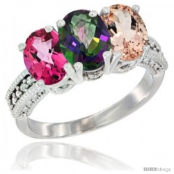 14K White Gold Natural Pink Topaz, Mystic Topaz & Morganite Ring 3-Stone 7x5 mm Oval Diamond Accent