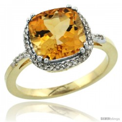 10k Yellow Gold Diamond Citrine Ring 3.05 ct Cushion Cut 9x9 mm, 1/2 in wide