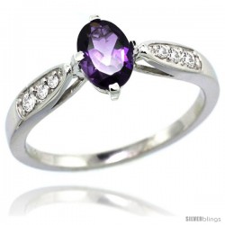 14k White Gold Natural Amethyst Ring 7x5 Oval Shape Diamond Accent, 5/16inch wide