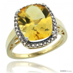 10k Yellow Gold Diamond Citrine Ring 5.17 ct Checkerboard Cut Cushion 12x10 mm, 1/2 in wide