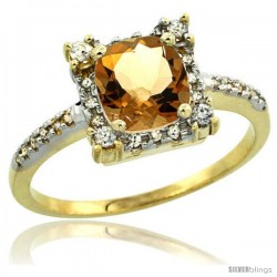 10k Yellow Gold Diamond Halo Citrine Ring 1.2 ct Checkerboard Cut Cushion 6 mm, 11/32 in wide