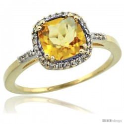 10k Yellow Gold Diamond Citrine Ring 1.5 ct Checkerboard Cut Cushion Shape 7 mm, 3/8 in wide