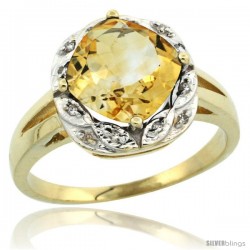 10k Yellow Gold Diamond Halo Citrine Ring 2.7 ct Checkerboard Cut Cushion Shape 8 mm, 1/2 in wide