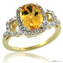 10k Yellow Gold Diamond Citrine Ring 2 ct Checkerboard Cut Cushion Shape 9x7 mm, 1/2 in wide