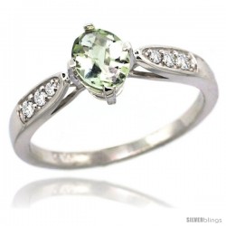 14k White Gold Natural Green Amethyst Ring 7x5 Oval Shape Diamond Accent, 5/16inch wide