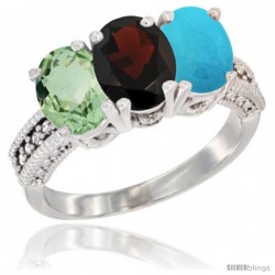 10K White Gold Natural Green Amethyst, Garnet & Turquoise Ring 3-Stone Oval 7x5 mm Diamond Accent