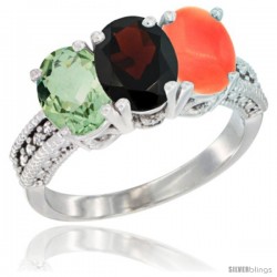 10K White Gold Natural Green Amethyst, Garnet & Coral Ring 3-Stone Oval 7x5 mm Diamond Accent