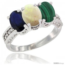 14K White Gold Natural Blue Sapphire, Opal & Malachite Ring 3-Stone 7x5 mm Oval Diamond Accent