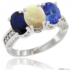 14K White Gold Natural Blue Sapphire, Opal & Tanzanite Ring 3-Stone 7x5 mm Oval Diamond Accent