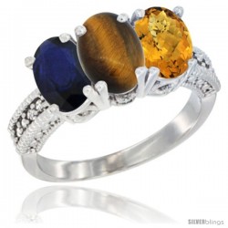 14K White Gold Natural Blue Sapphire, Tiger Eye & Whisky Quartz Ring 3-Stone 7x5 mm Oval Diamond Accent