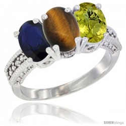 14K White Gold Natural Blue Sapphire, Tiger Eye & Lemon Quartz Ring 3-Stone 7x5 mm Oval Diamond Accent