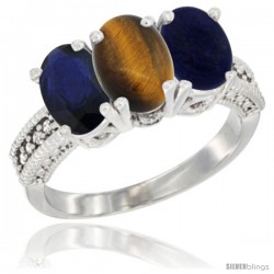14K White Gold Natural Blue Sapphire, Tiger Eye & Lapis Ring 3-Stone 7x5 mm Oval Diamond Accent