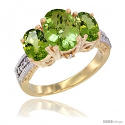 14K Yellow Gold Ladies 3-Stone Oval Natural Peridot Ring Diamond Accent