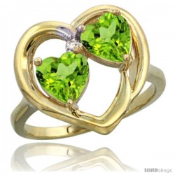 14k Yellow Gold 2-Stone Heart Ring 6mm Natural Peridot stones Diamond Accent