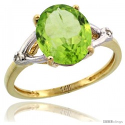 14k Yellow Gold Diamond Peridot Ring 2.4 ct Oval Stone 10x8 mm, 3/8 in wide