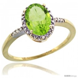 14k Yellow Gold Diamond Peridot Ring 1.17 ct Oval Stone 8x6 mm, 3/8 in wide