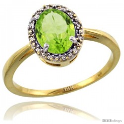 14k Yellow Gold Diamond Halo Peridot Ring 1.2 ct Oval Stone 8x6 mm, 1/2 in wide