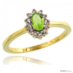 14k Yellow Gold Diamond Halo Peridot Ring 0.25 ct Oval Stone 5x3 mm, 5/16 in wide