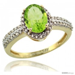 14k Yellow Gold Diamond Halo Peridot Ring 1.2 ct Oval Stone 8x6 mm, 3/8 in wide