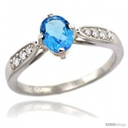 14k White Gold Natural Swiss Blue Topaz Ring 7x5 Oval Shape Diamond Accent, 5/16inch wide