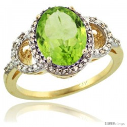 14k Yellow Gold Diamond Halo Peridot Ring 2.4 ct Oval Stone 10x8 mm, 1/2 in wide