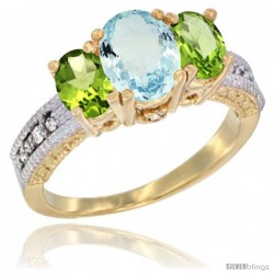 14k Yellow Gold Ladies Oval Natural Aquamarine 3-Stone Ring with Peridot Sides Diamond Accent