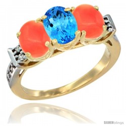 10K Yellow Gold Natural Swiss Blue Topaz & Coral Sides Ring 3-Stone Oval 7x5 mm Diamond Accent